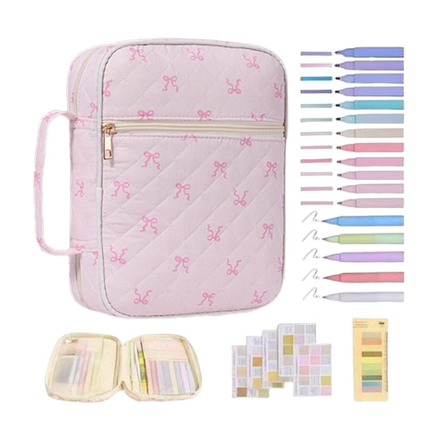 Study and Travel Journal Organizer with Quilted Book Cover Handles Zipper Closure and Highlighter Tabs for Secure Carrying