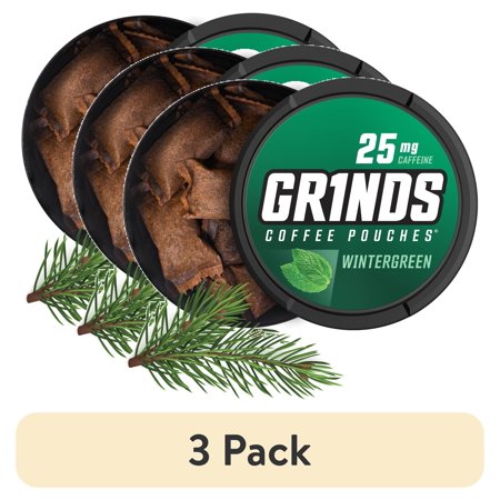 (3 pack) Grinds Coffee Pouches, Nicotine-Free, 25mg Caffeine, Wintergreen, 15 Pouches (1 Can)