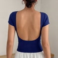 thumbnail image 5 of Women's U-Shaped Backless Short-Sleeve Tops Solid Color Boat Neck Base T-Shirt Bodycon Casual Tees Yoga Workout Tops Navy, 5 of 7
