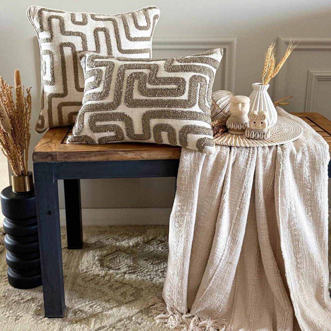Boucle Embroidery Olive Green Decorative Throw Cushion Cover 65x65 cm Set of 2 Contemporary Linen Pillow Cover Geometric | Textured, Tufted, Maze Pillowcases for Couch, Sofa & Bed - Earth Maze