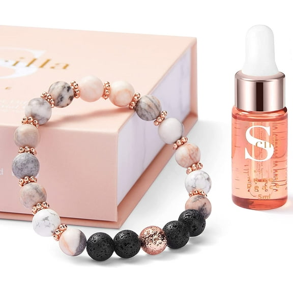 Bracelet for Women - Zebra Jasper, Rose Gold Flowers and Lava Rock - Beaded Bracelet and Lavender Essential Oils - Aromatherapy Crystals - Handmade Meditation Accessories