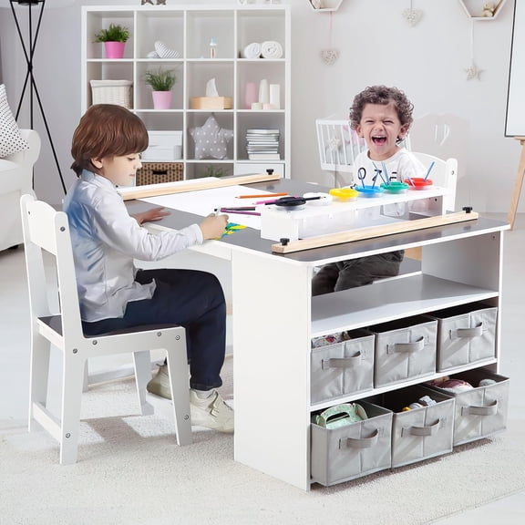 Kids Art Table and 2 Chairs,Toddler Craft and Play Wood Activity Table with Large Storage Desk and Portable Art Supply Organizer, Drawing and Painting Desk