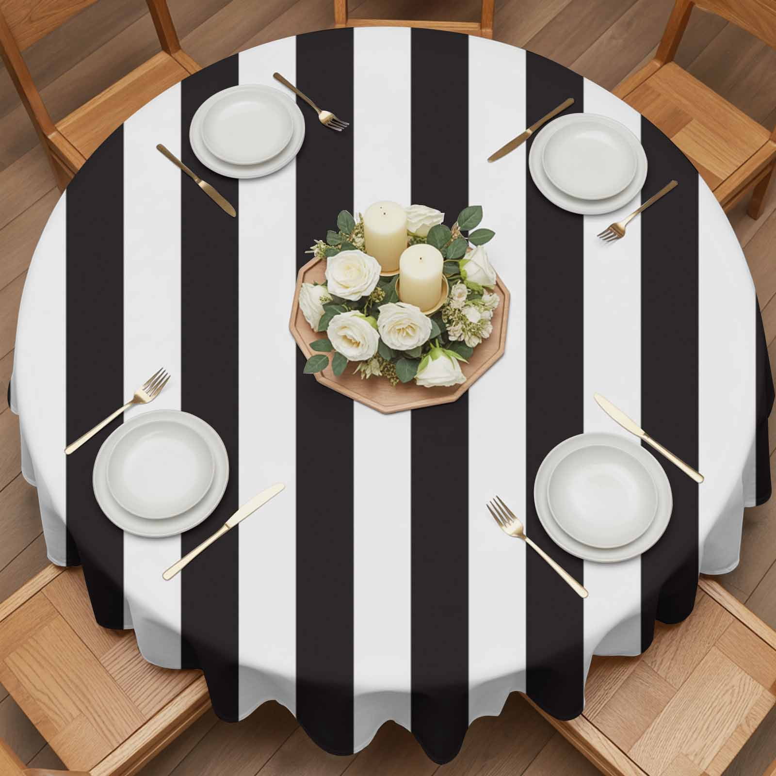Round Tablecloth Striped Pattern Waterproof Oil Proof Polyester Table Cloth Cover Decor for Home Dining Outdoor,Patio,Parties, 54" Dia. Black and White