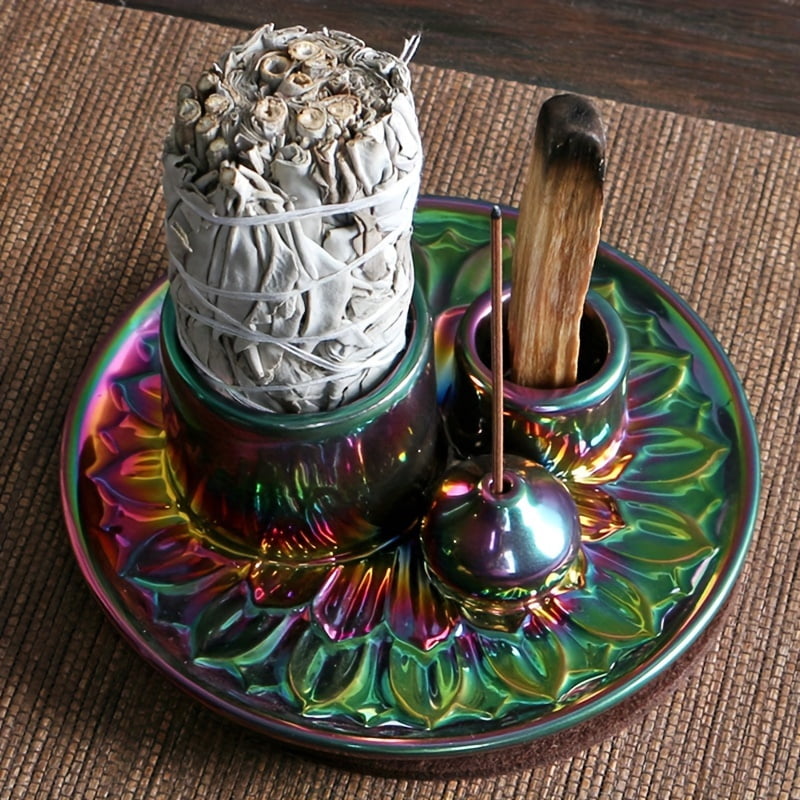 1pc Artistic Ceramic Candle Holder & 4-in-1 Incense Burner - Electroplated Rainbow Finish, Multifunctional Palo Santo & Sage Smudging Kit, Boho Home Decor with Vibrant Iridescent Finish