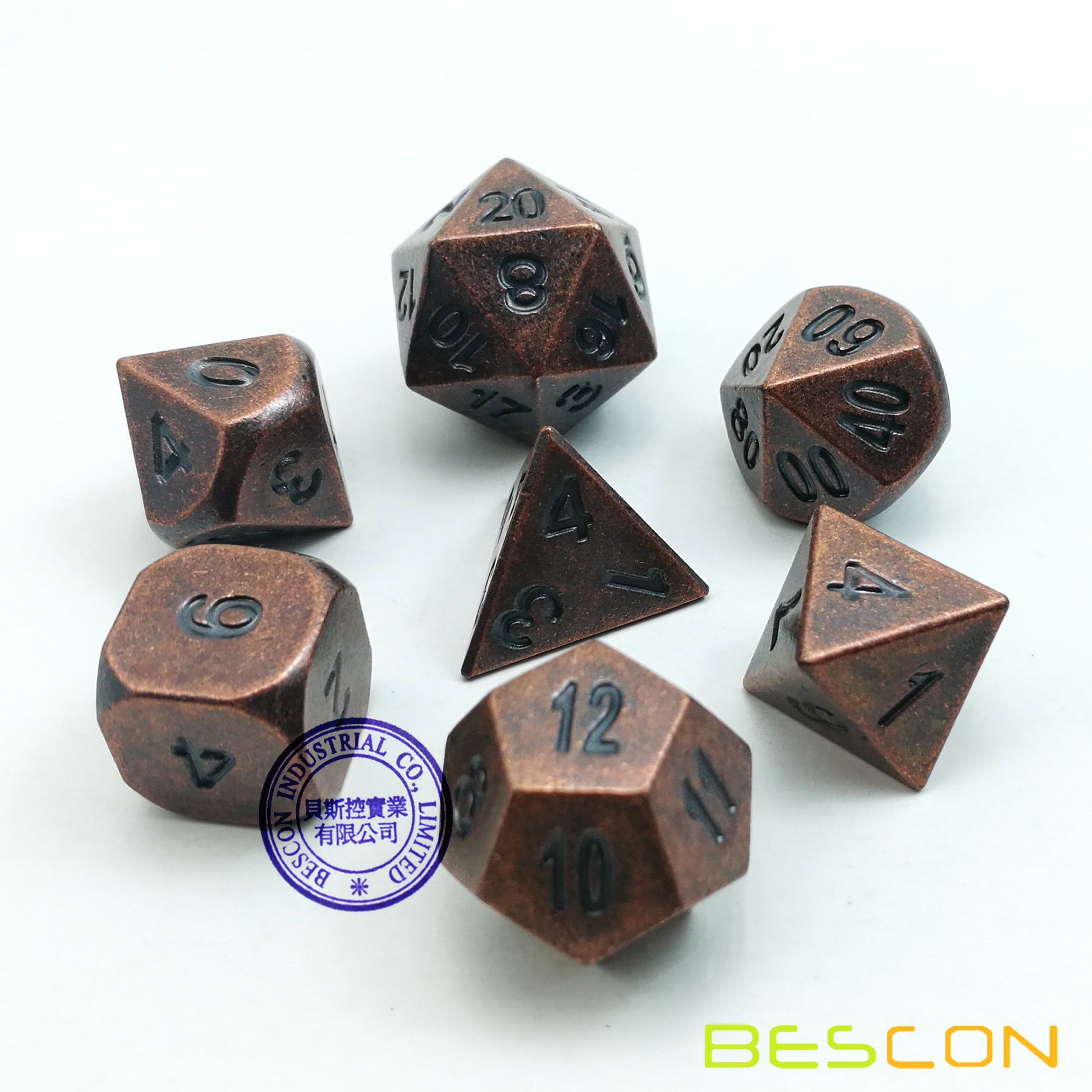 Metal Polyhedral RPG Dice Set of 7 Dice Copper Color Metal and Black Number 