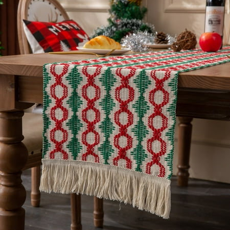 

dvypyn Christmas Table Flag Cotton Woven Red And Green Color Splicing Tassel Holiday Decoration Long Tablecloth Home Red