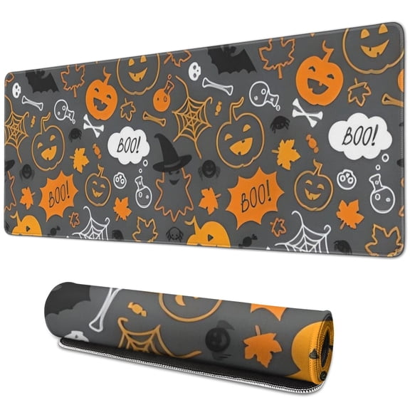 Long Mouse Pads for Desk,Halloween Ghost Pumpkin Pattern Desk Mats on Top Of Desks, Desk Mouse Pad Extra Large with 3mm Non-Slip Base and Stitched Edge for Gaming,Office,Work,Home 31.5x11.8in