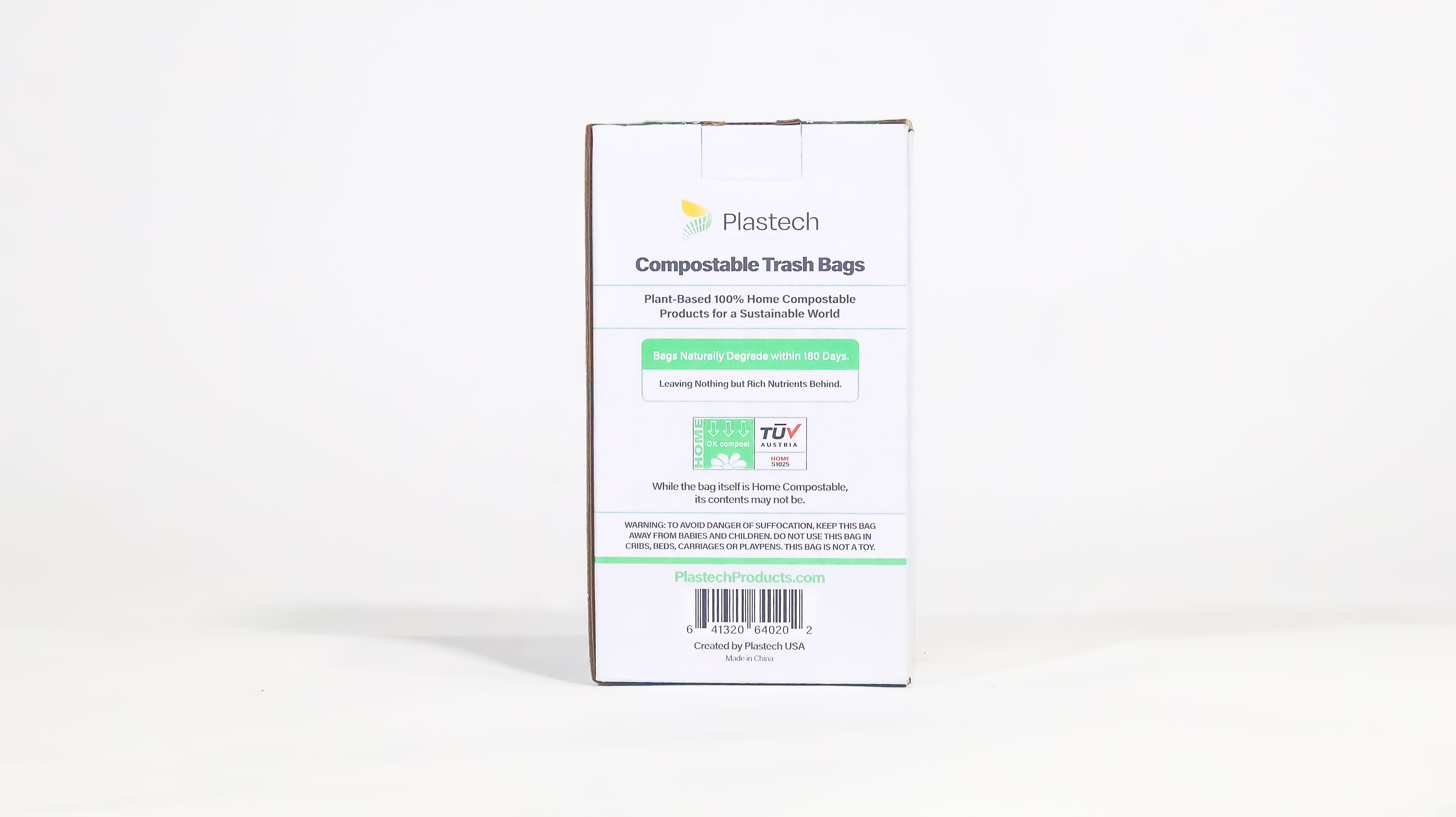 Plastech 13 Gallon Trash Bags with Flap-Tie - ZERO Plastic, 100% Certified Home Compostable, Plant-Based, Kitchen, White, 480 Bags, 23.75 x 28 inches, 12 Retail Boxes