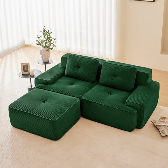 Yoneston 82" L-Shaped Modular Sectional Sofa 2 Seater Couch with Cushions and Ottoman, No Assembly Corduroy Loveseat Sofa for Living Room Bedroom Apartment, Green
