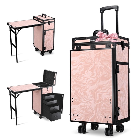 Byootique Aluminum Rolling Makeup Train Case withTable Nail Foldable Trolley Cosmetic Organizer CTB Pink