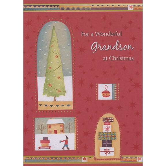 Designer Greetings Tall Tree, Boy Pulling Sled and Stack of Gifts Inside Windows Christmas Card for Grandson