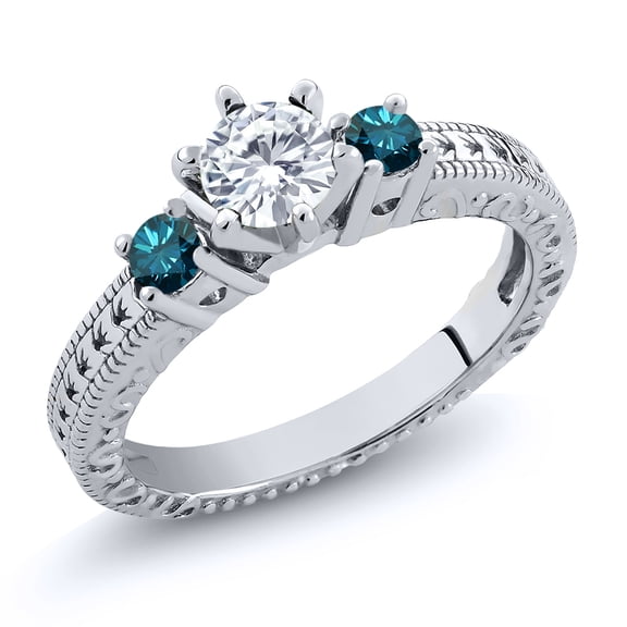 Gem Stone King 925 Sterling Silver Blue Diamond Ring Set with Moissanite (0.70 Cttw) (Size 6)