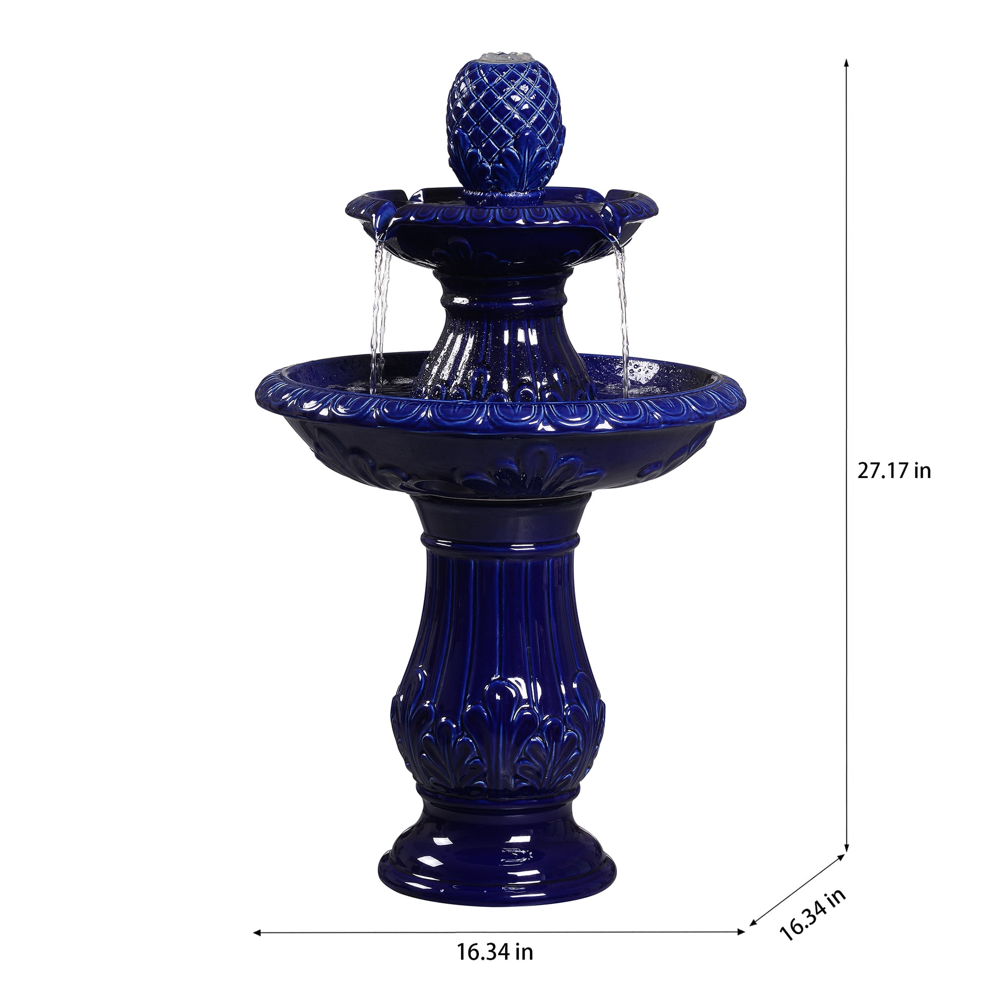 2-Tier Dark Blue Ceramic Pedestal Fountain, Decorative Water Fountain with LED Lights and Quiet Pump, Indoor Outdoor Water Feature for Patio, Garden, Deck, Balcony, Office and Home Décor