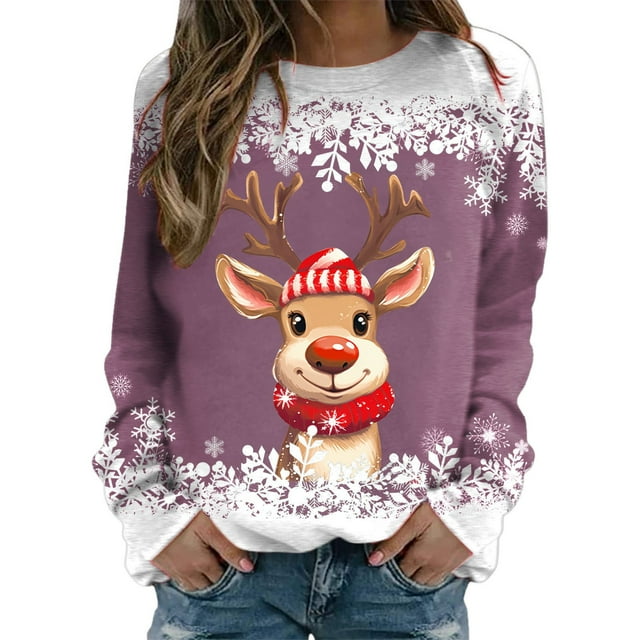 Chandails pour Femmes Veste de Noël pour Femmes Adolescentes Filles Manches Longues Chandails Amples Femmes Chandail à Col Rond Mignon Renne Ensemble de Tenue Confortable Femmes Chandails Graphiques de Noël