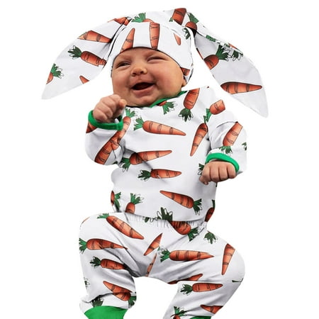 

ZHUASHUM Infant Baby Boys Girls Long Sleeve Easter Cartoon Carrot Printed Romper Bodysuit Pants Rabbit Ears Hat Outfits