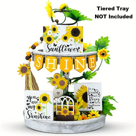 Sunflower Tiered Tray Decor Sunflower Farmhouse Wooden Home Decor Summer Blessed Home Wood Bead Garland with Tassel for Farmhouse Home Kitchen Shelf