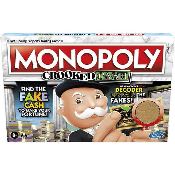 Monopoly Crooked Cash Board Game for Families and Kids Ages 8 and Up, Includes Mr Decoder to Find Fakes, Game for 2-6 Players