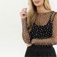 thumbnail image 3 of Women Pearls See Through Sheer Mesh Top Long Sleeve Crew Neck Casual Mesh Layering Tee Shirt Black S, 3 of 4