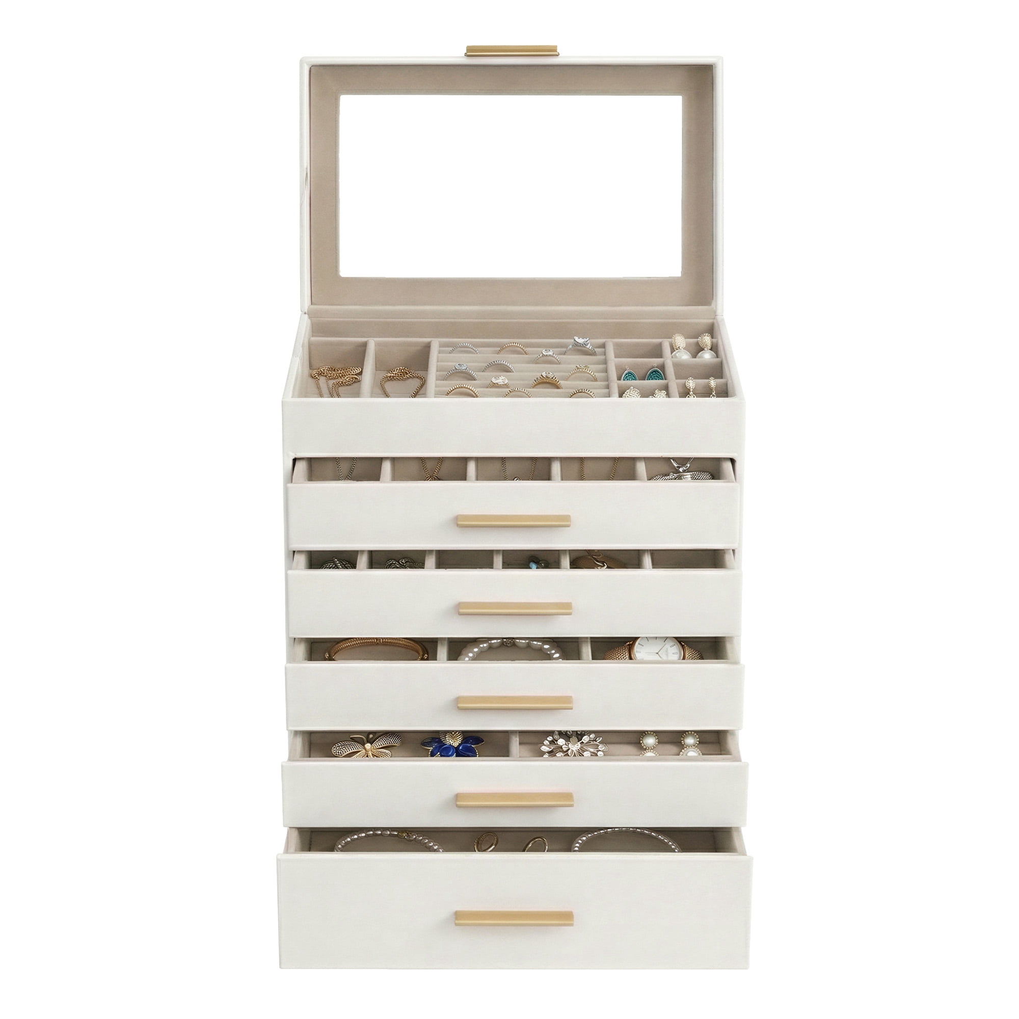 LEDREM Jewelry Box, 6-Layer Jewelry Organizer with Glass Lid & 5 Drawers, Modern Velvet-Lined Storage Box for Dresser/Vanity, Jewelry Boxes, Cloud White and Gold Color