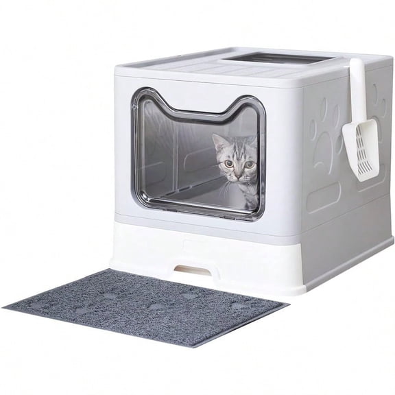 Cat Litter Box with Litter Mat and Scoop Large Foldable Litter Box with Lid Front Entry Top Exit Kitty Box Odor Control Easy to Clean Grey