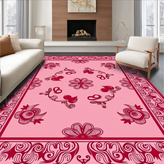 ODIKA 4'x6' Machine Washable Non-Slip Area Rug, Enchanted Hearts Tree Skirt Romantic Festive Decoration High Traffic Rug, Pink, 631523