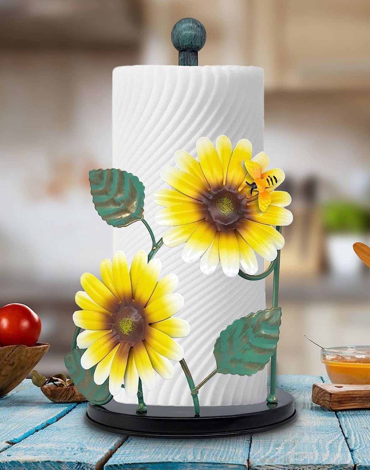 Sunflower Decor Paper Towel Holder | Metal Yellow Daisy with Bee | Countertop Kitchen & Bathroom Organizer | Cute Sunflower Accessories for Home Decor