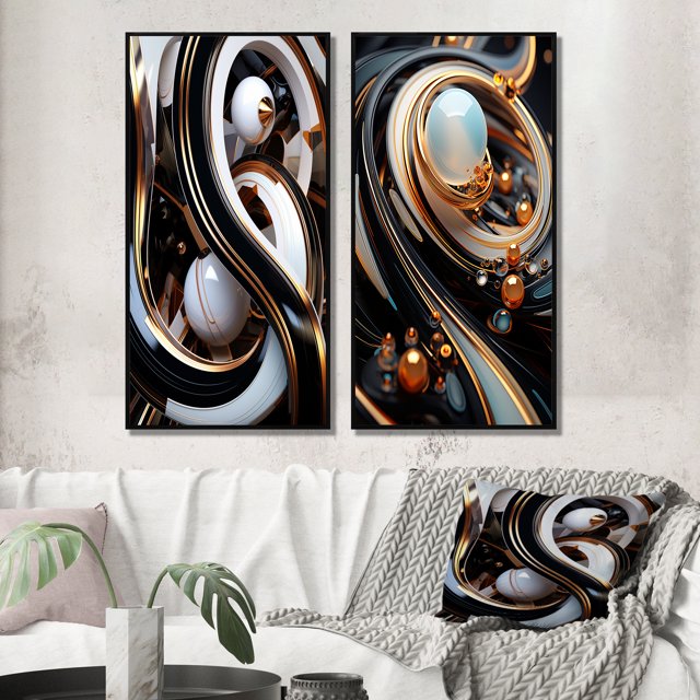 Designart "Gold Black White Spheres Liquid Artistry II" Abstract Shapes Framed Wall Art Set Of 2 - Transitional White Framed Canvas Set For Living Room Decor