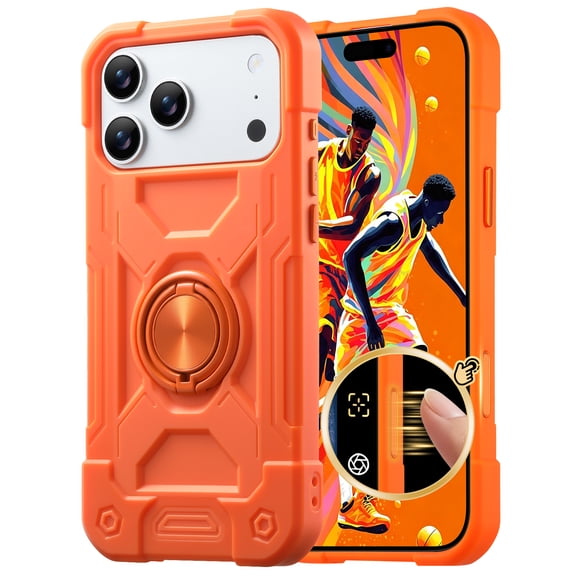 Poweltek Hybrid Hard PC Soft TPU Rotating Ring Kickstand Cover for iPhone 17 Pro, Shockproof Heavy Duty Durable Protective Phone Case, Orange
