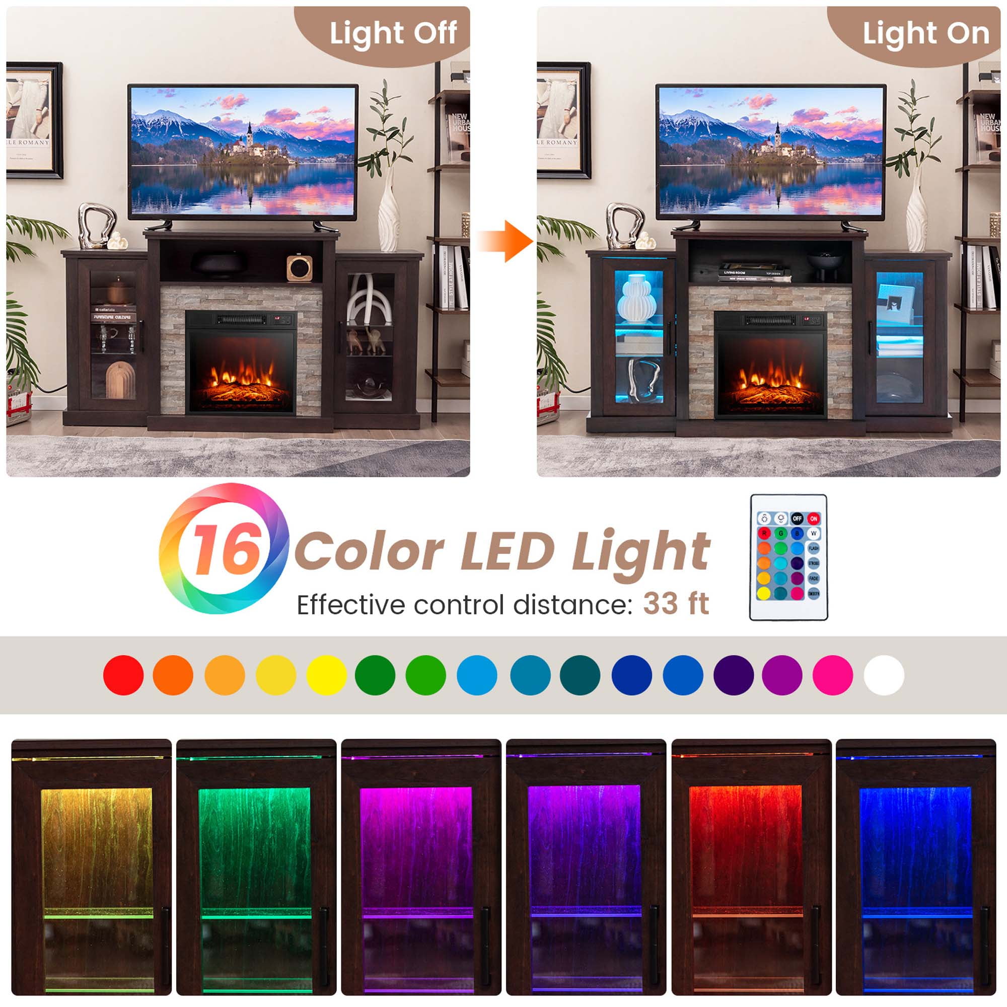 Costway Fireplace TV Stand with Led Lights & 18'' Electric Fireplace For 65" Wall-Mounted TV Dark Brown