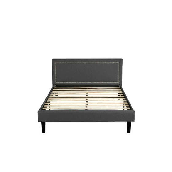 Classic Deluxe Linen Low Profile Platform Bed Frame With Nailhead Trim Headboard Design Queen Dark Grey