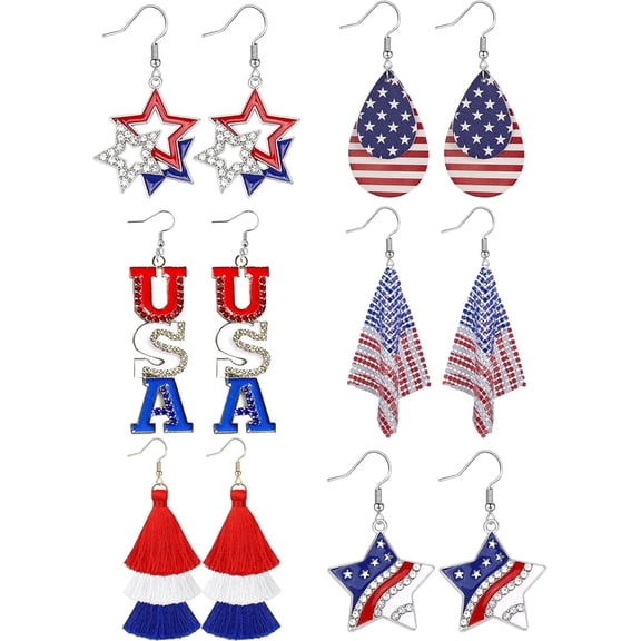 【6 Pairs】 4th of July Accessories for Women American Flag Earrings USA Drop Earrings Fourth 4th of July Outfits for Women Patriotic earring Party Favors Red White Blue Decorations