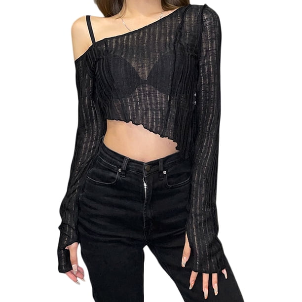 Txlixc - Camiseta informal de manga larga para mujer con hombros oblicuos y ombligo descubierto irregular Txlixc Sexy