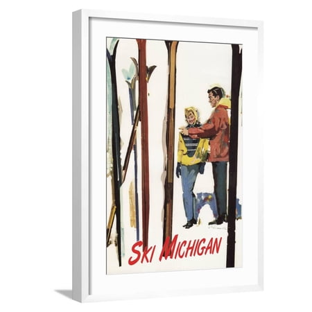 Art.com Ski Michigan - Couple by Skis in the Snow Art Print by Lantern Press, White Frame Wall Art, 21" x 29"