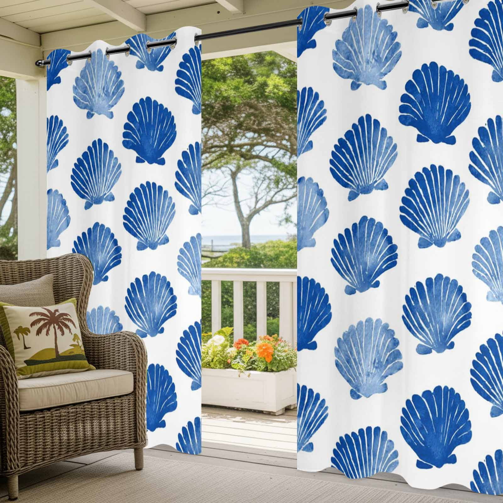 Blue Scallops Shell Outdoor Curtains for Patio, Sea Ocean Coastal Nature Summer Sunshade Privacy Drapes Grommet Waterproof Outside Curtains for Porch/Cabana/Balcony 54"x 108", 1 Panel