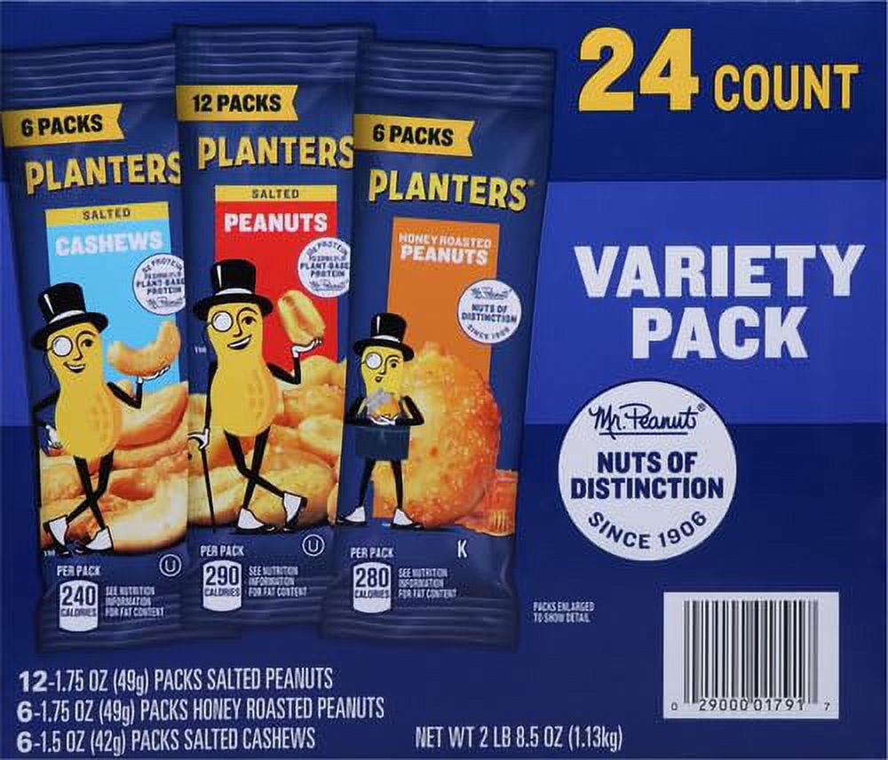 PLANTERS Variety Packs (Salted Cashews, Salted Peanuts & Honey Roasted Peanuts), 24 Packs - Individual Bags of On-the-Go Nut Snacks - No Cholesterol or Trans Fats - Source of Fiber and Healthy Fats
