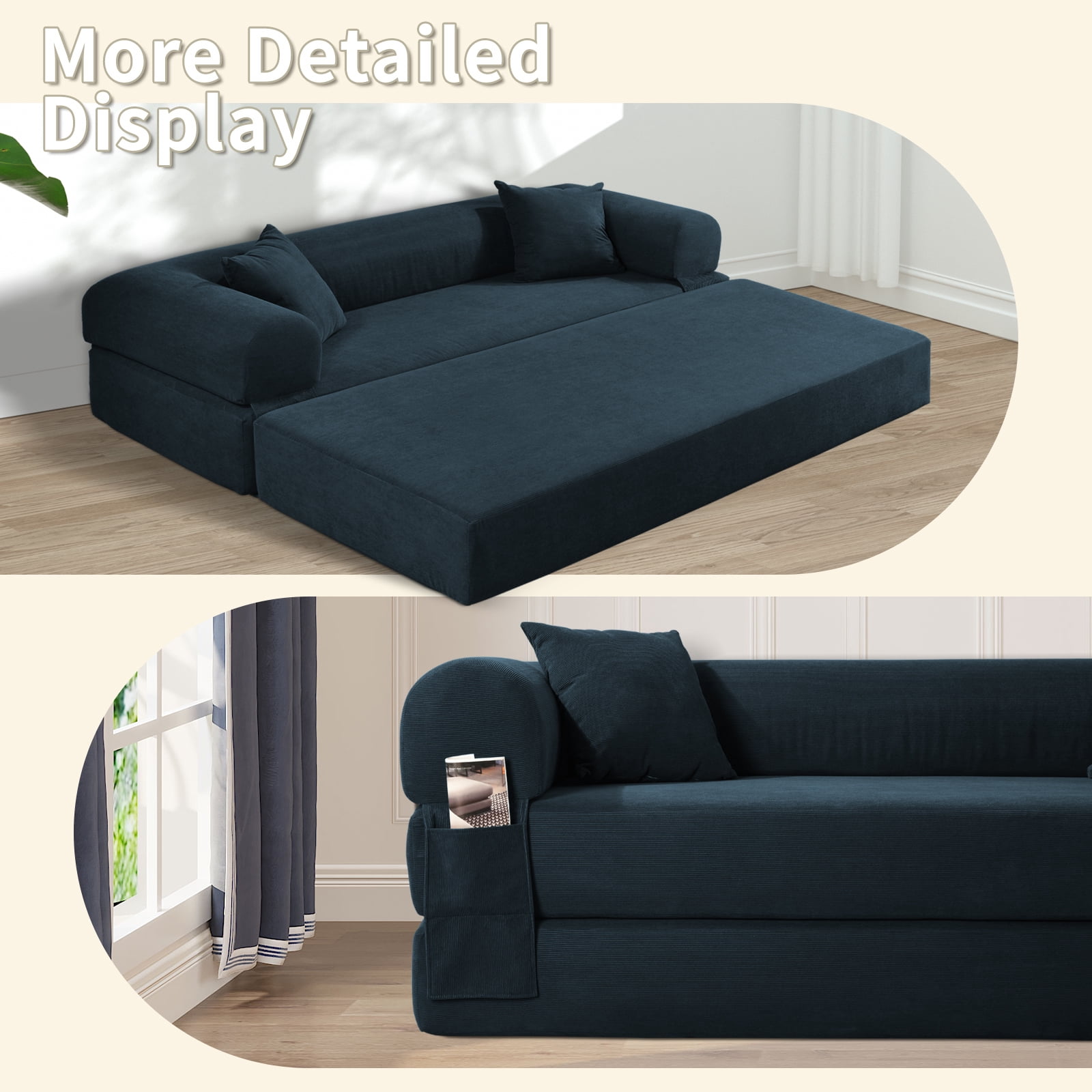 3 in 1 Convertible Sofa Bed, 80" Corduroy Folding Pull Out Couch with 2 Pillows, Floor Sofa with Side Storage for Living Room, No Assembly Modern Boneless Couch Compression Sofa, 35.4"W