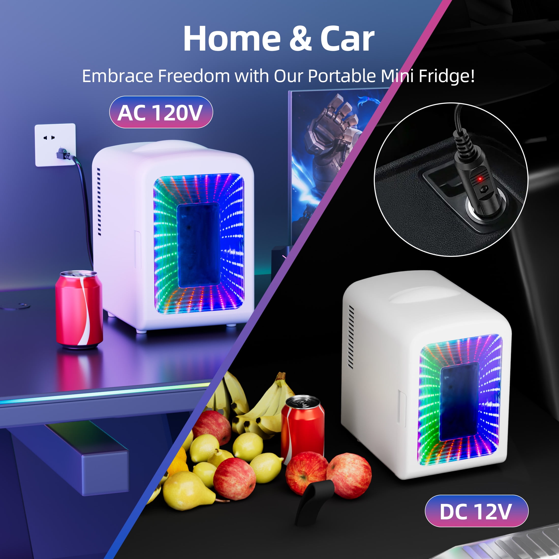 Auseo 4L Mini Fridge Personal with LED, Portable Cooler for Bedroom, Office, Car, Small Refrigerator for Skincare, Drinks & Gaming Room, AC/DC Powered, White