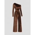thumbnail image 3 of Women's Asymmetric Long Sleeve Ruched Top & Drawstring Wide Leg Pants Elegant 2 Piece Outfit Set, 3 of 8