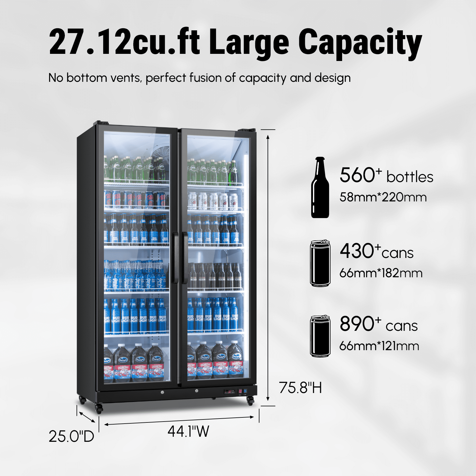 Yeego 27.12 Cu.Ft Commercial Refrigerator,800 Cans Merchandiser Refrigerator with LED Light & Door Lock