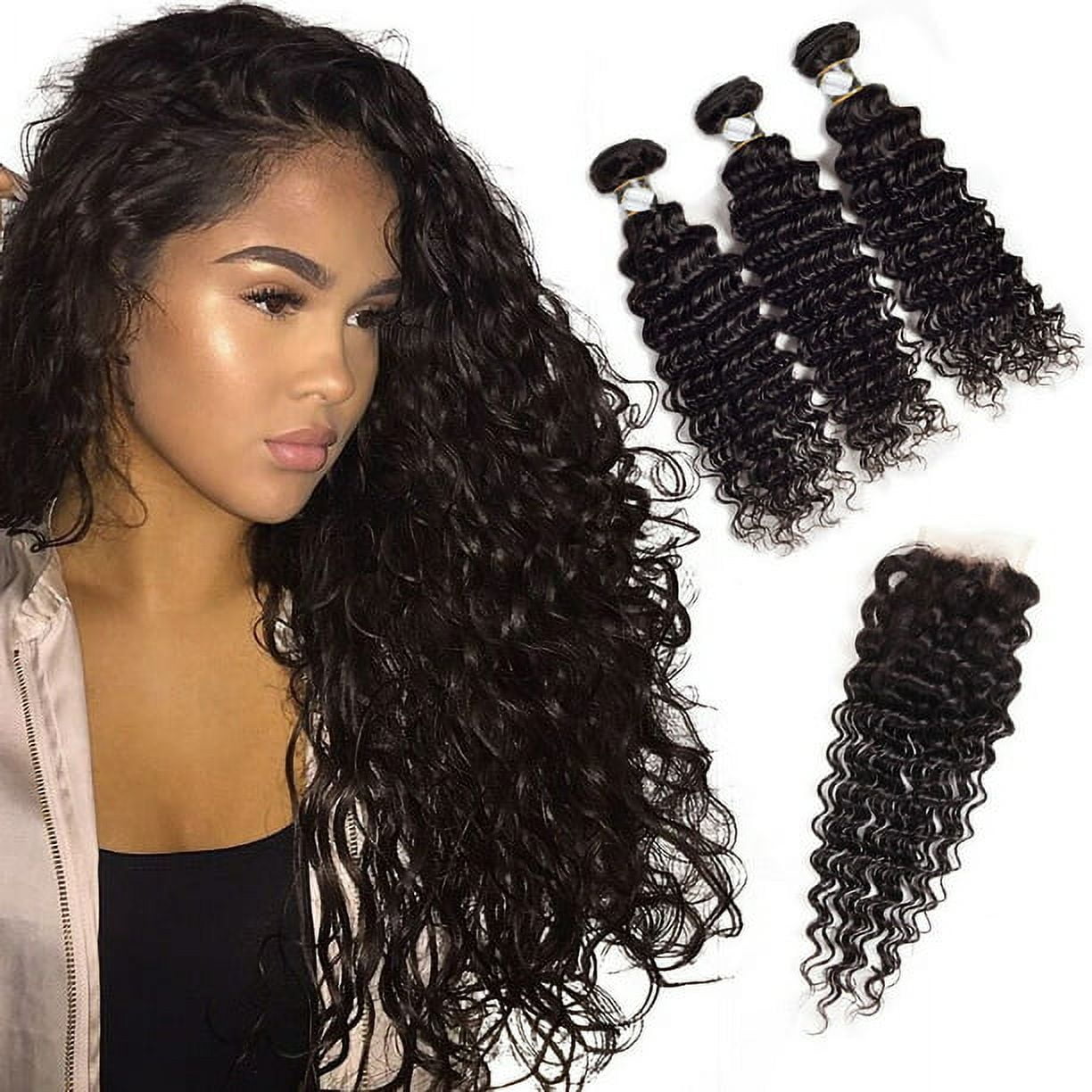 Ustar Brazilian Virgin 3 Bundle with Closure 100% Human Hair Deep Wave 10"12"14"bundle+10" 4x4 Closure