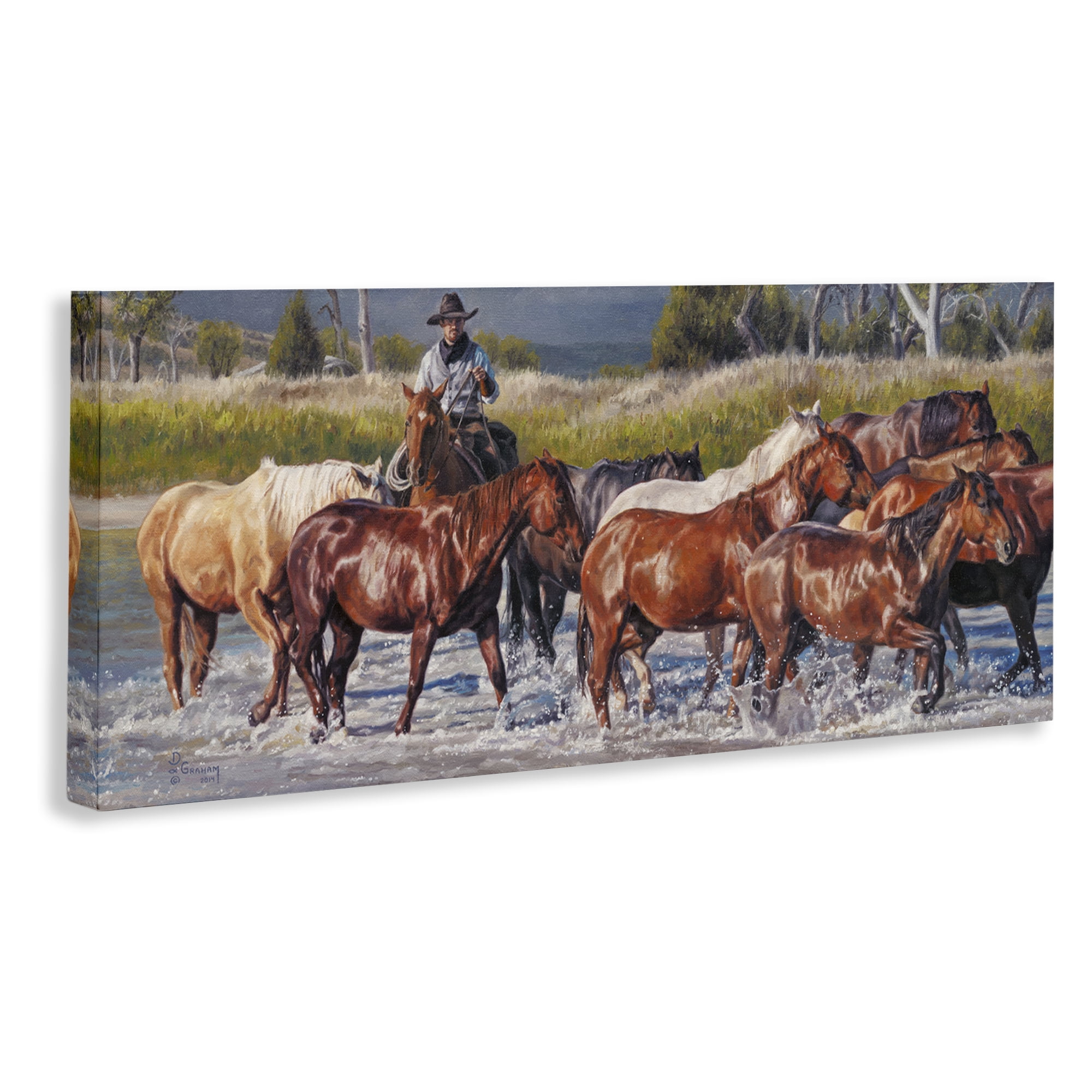 Stupell Industries Crossing The Remuda Animals & Insects Painting Gallery Wrapped Canvas Art Print Wall Art, 30 x 13
