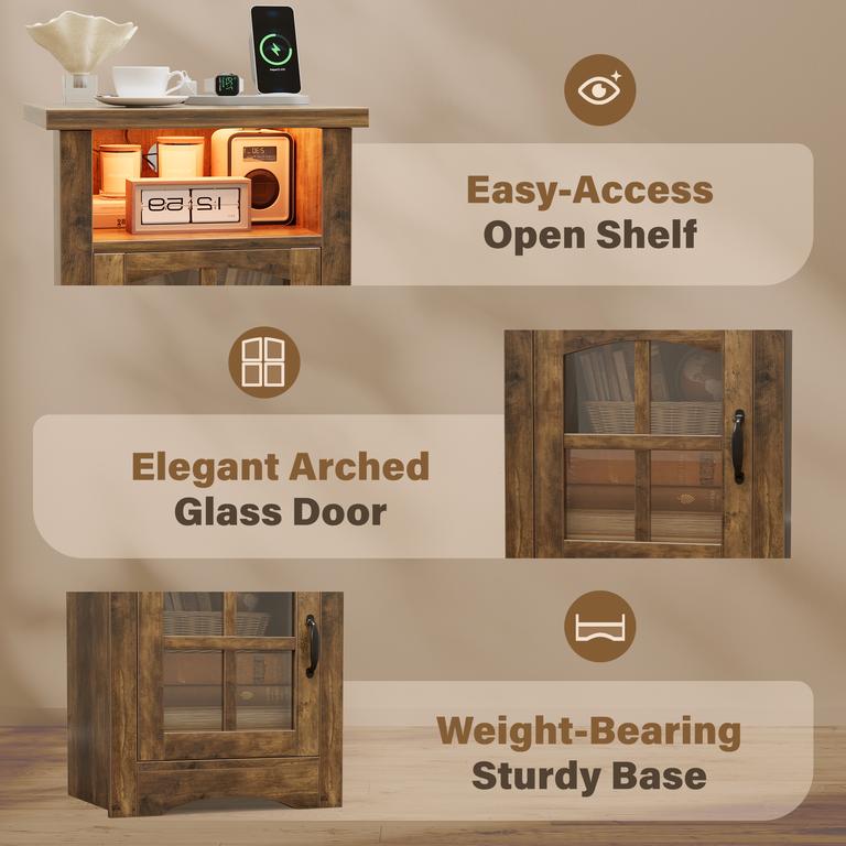 Homall Nightstand with Charging Station & Adjustable LED Lights, End Table Bedside Table with Glass Door & Open Shelf for Bedroom Living Room, Brown