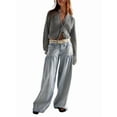 thumbnail image 2 of Women's Lotus Tube Jeans Mid Rise Baggy Wide Leg Jeans Ruffle Pleated Denim Pants with Drawstring, 2 of 8