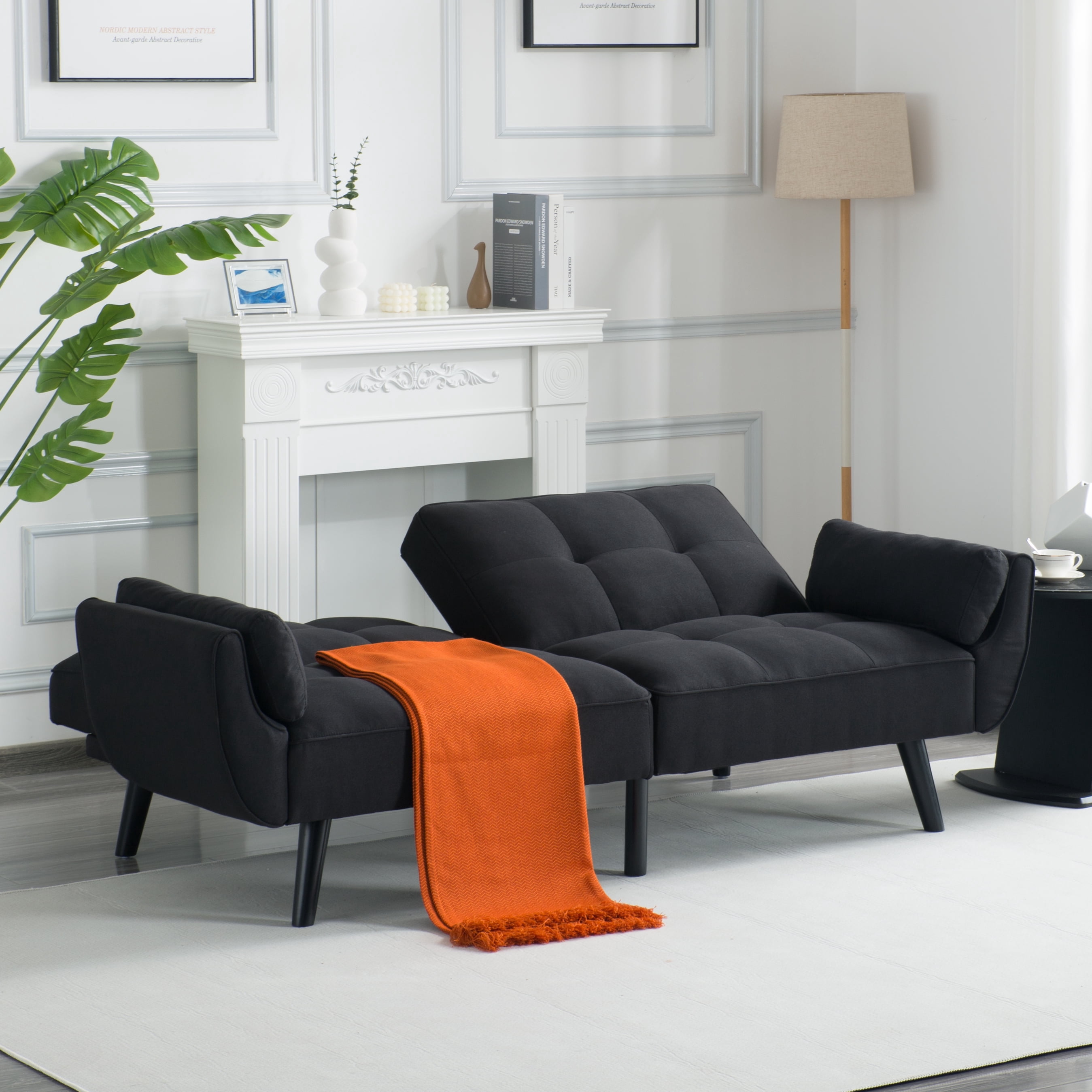 BSHTI 74.8" Linen Convertible Futon Sofa Bed with Split Back & 3-Position Adjustment, Tufted Design, Flared Arms, for Living Room & Guest Room( Black)