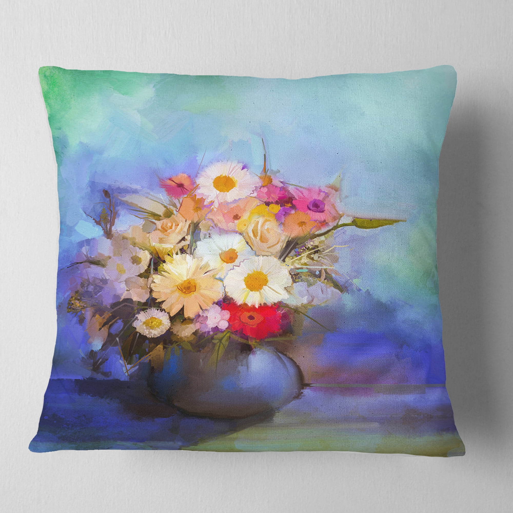Designart Beautiful Flowers Bouquet on Blue - Floral Throw Pillow - 18x18