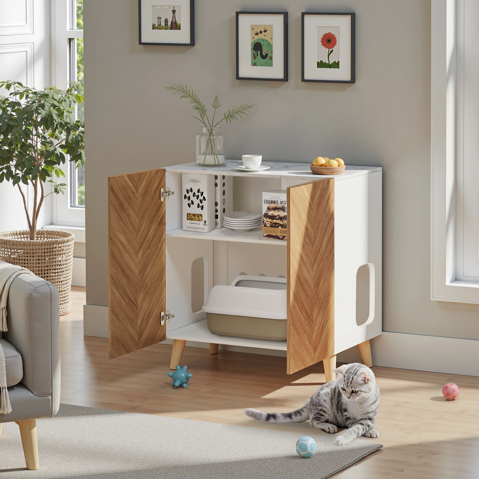 WHIFEA 32" Wooden Cat Litter Box Enclosure - Hidden Cat Washroom with Ventilation & Deep Design, Fits Most Litter Boxes for Living Room, Bedroom