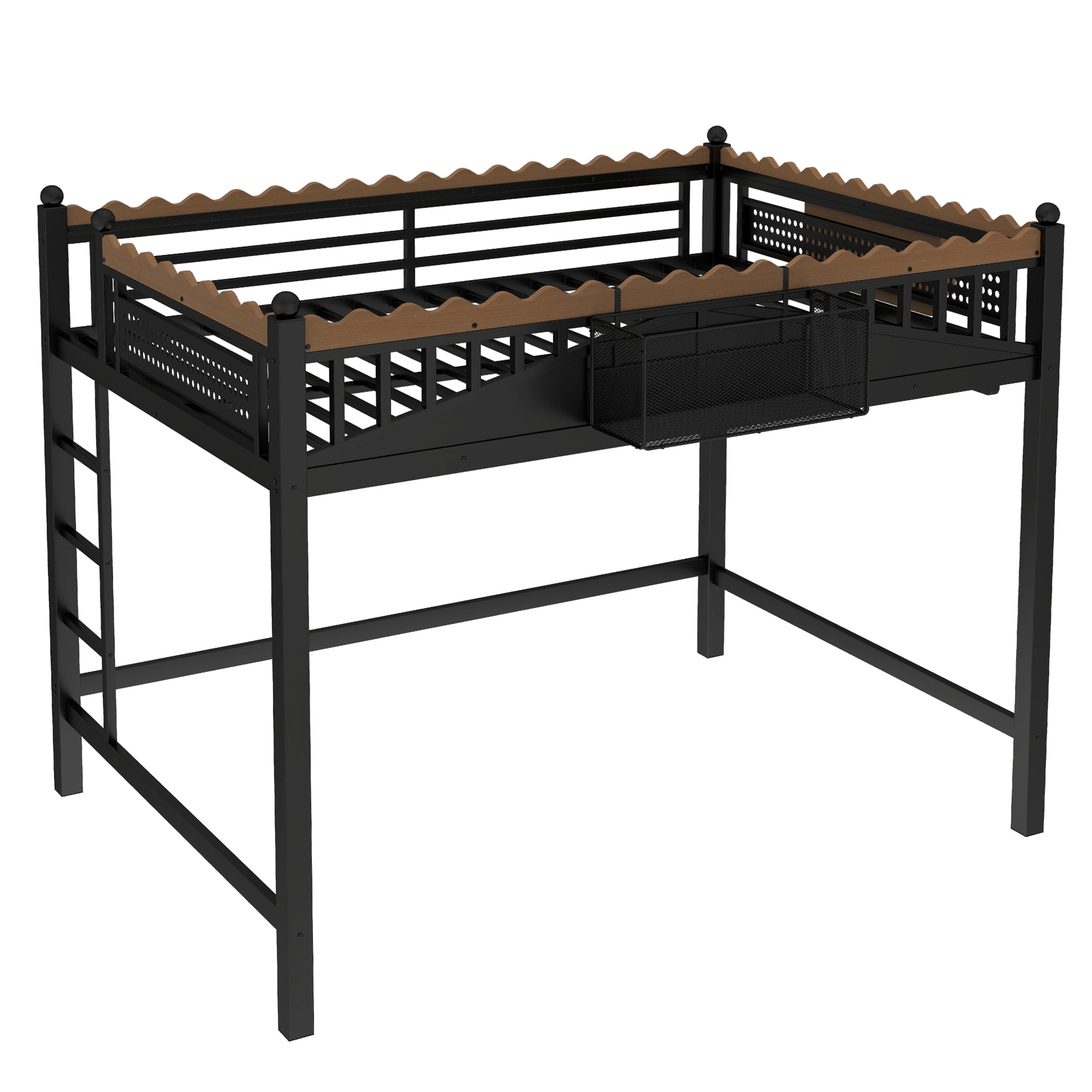 Leumius Full Size Loft Bed,Metal Loft Bed with Storage Baskets and Bookshelf,High Loft Bed with Large Under-Bed Space,No Box Spring Needed,Black
