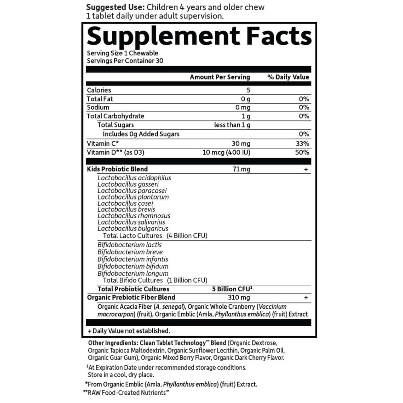 Garden of Life Dr. Formulated Probiotics Organic Kids+, with Vitamins C & D, Berry Cherry, 30 Chewables