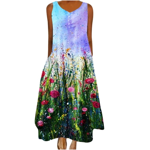 USSUMA Dress for Women Wedding Guest, Women's Casual Loose Sundress Long Dress Sleeveless Dandelion Print Maxi Dresses Summer Beach Dress with Pockets
