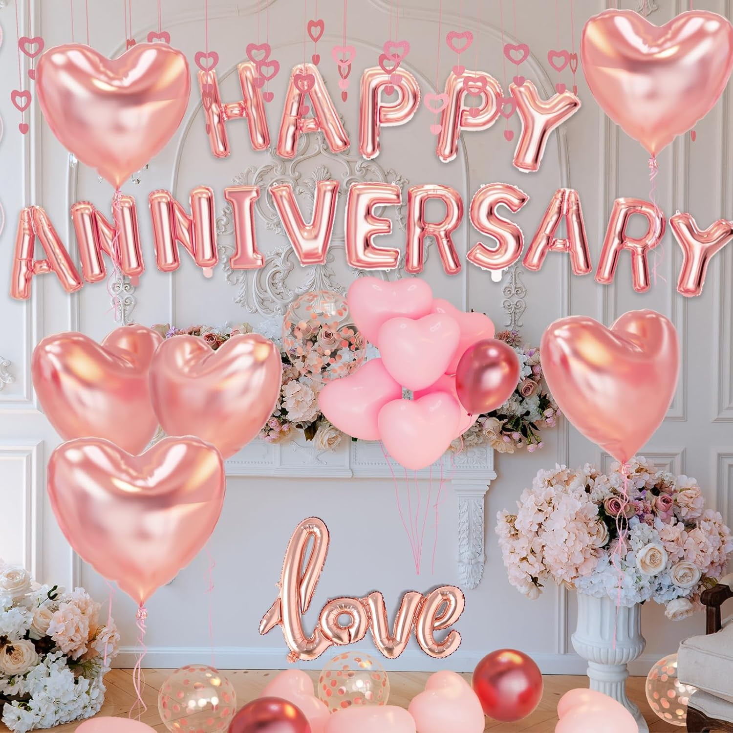 NestE - Anniversary Decorations, Happy Anniversary Balloons Banner, Pink Heart Balloons Heart Hanging String Pink Rose Petals for Wedding and Valentines Day Romantic